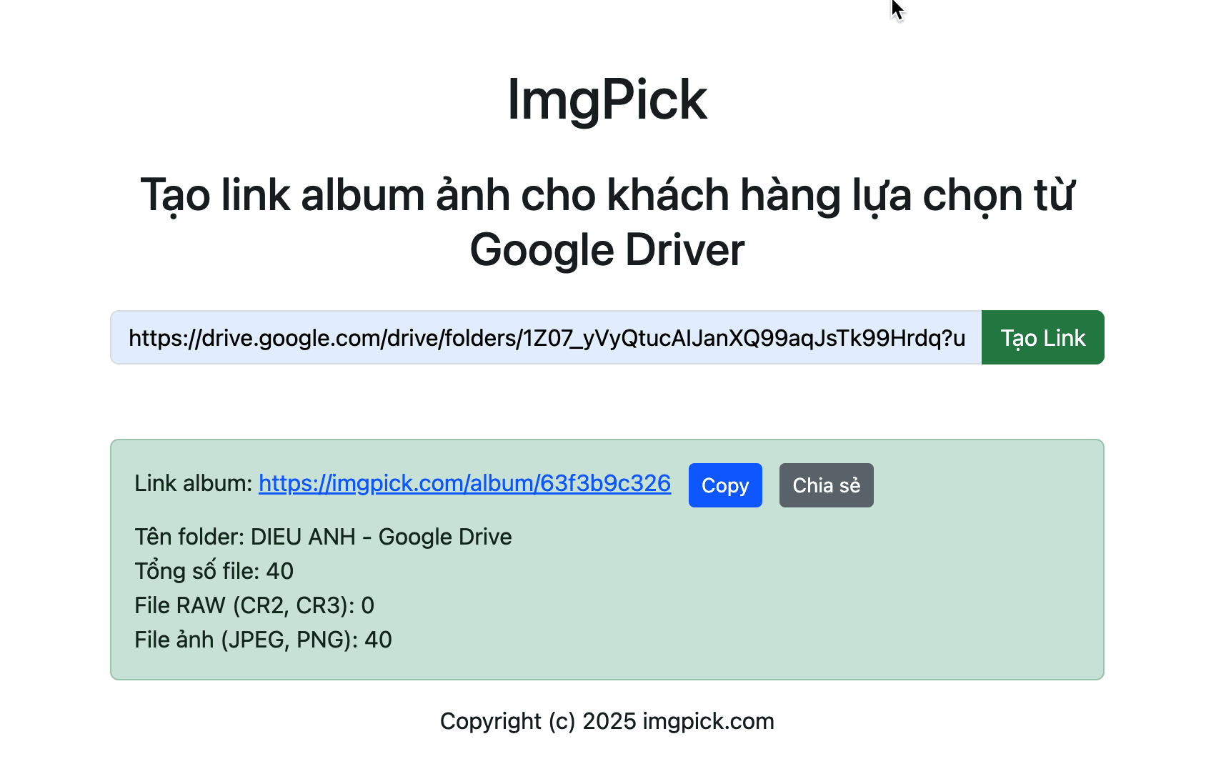 Tạo link nhanh từ folder google driver sau đó gửi link album cho khách hàng