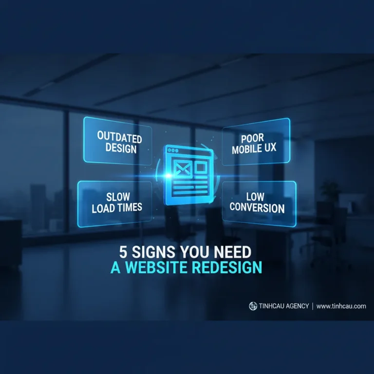 Dựa trên tiêu đề "5 dấu hiệu đã đến lúc bạn cần thiết kế lại website", 4 từ khóa hoặc cụm từ khóa chính có thể là: