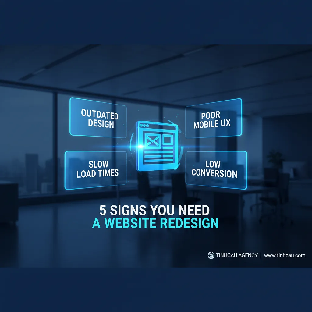 Dựa trên tiêu đề "5 dấu hiệu đã đến lúc bạn cần thiết kế lại website", 4 từ khóa hoặc cụm từ khóa chính có thể là: