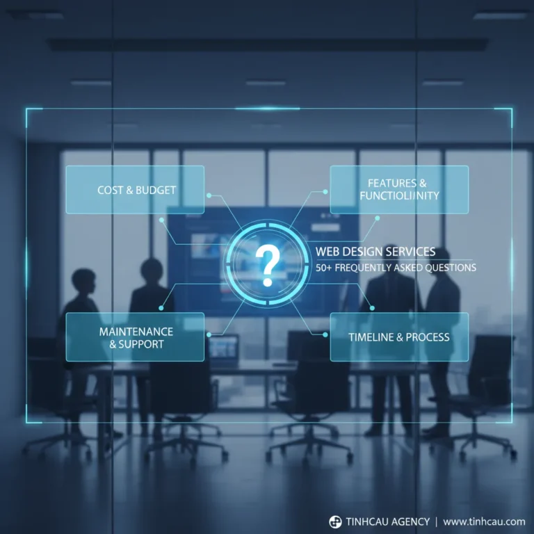 Dựa trên tiêu đề "50+ câu hỏi thường gặp về dịch vụ thiết kế website", 4 từ khóa/cụm từ khóa chính có thể là:
