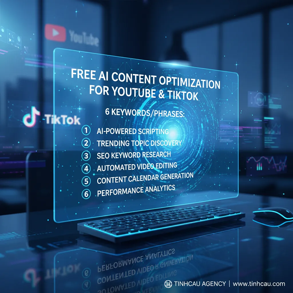 Dựa trên tiêu đề "Cách Tận Dụng AI Miễn Phí Để Tối Ưu Hóa Nội Dung Cho Kênh YouTube Và TikTok", đây là 6 từ khóa hoặc cụm từ khóa chính: