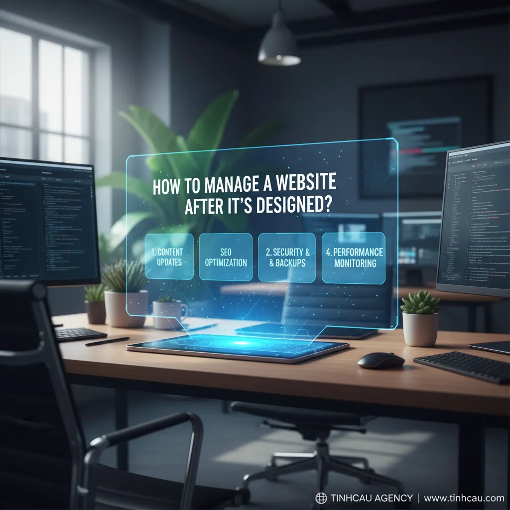 Dựa trên tiêu đề "Làm sao để quản lý website sau khi thiết kế xong?", 4 từ khóa/cụm từ khóa chính có thể là: