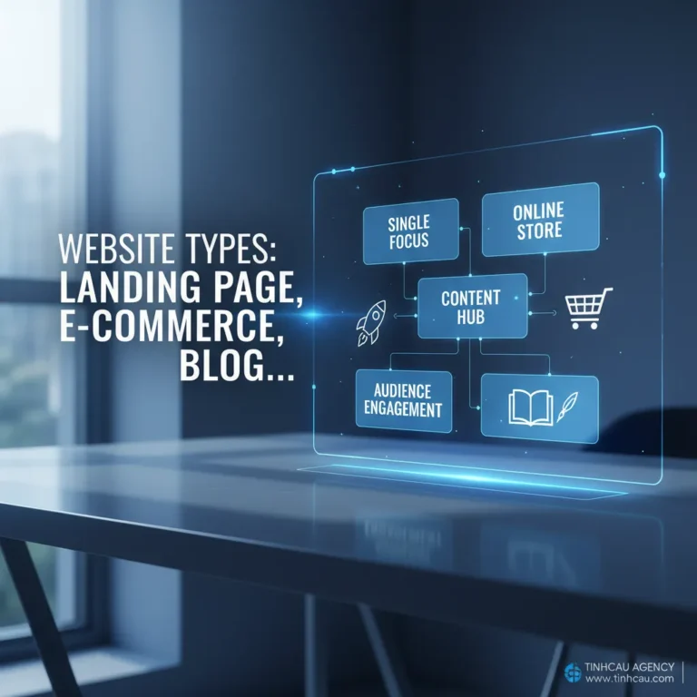 Dựa trên tiêu đề "Phân biệt các loại hình website: Landing Page, E-commerce, Blog...", 4 từ khóa hoặc cụm từ khóa chính có thể là: