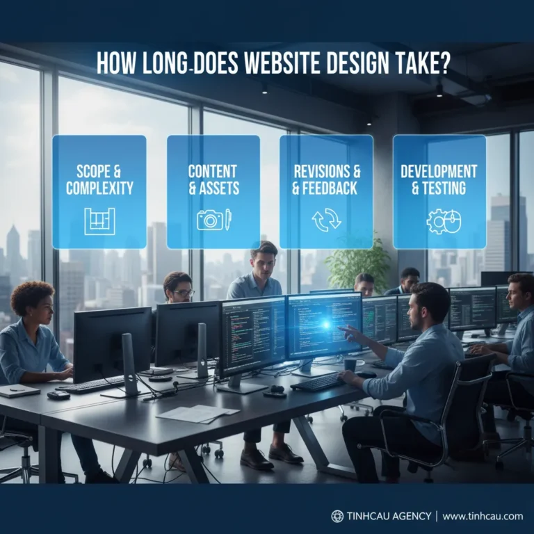 Dựa trên tiêu đề "Thiết kế website mất bao lâu?", 4 từ khóa/cụm từ khóa chính có thể là: