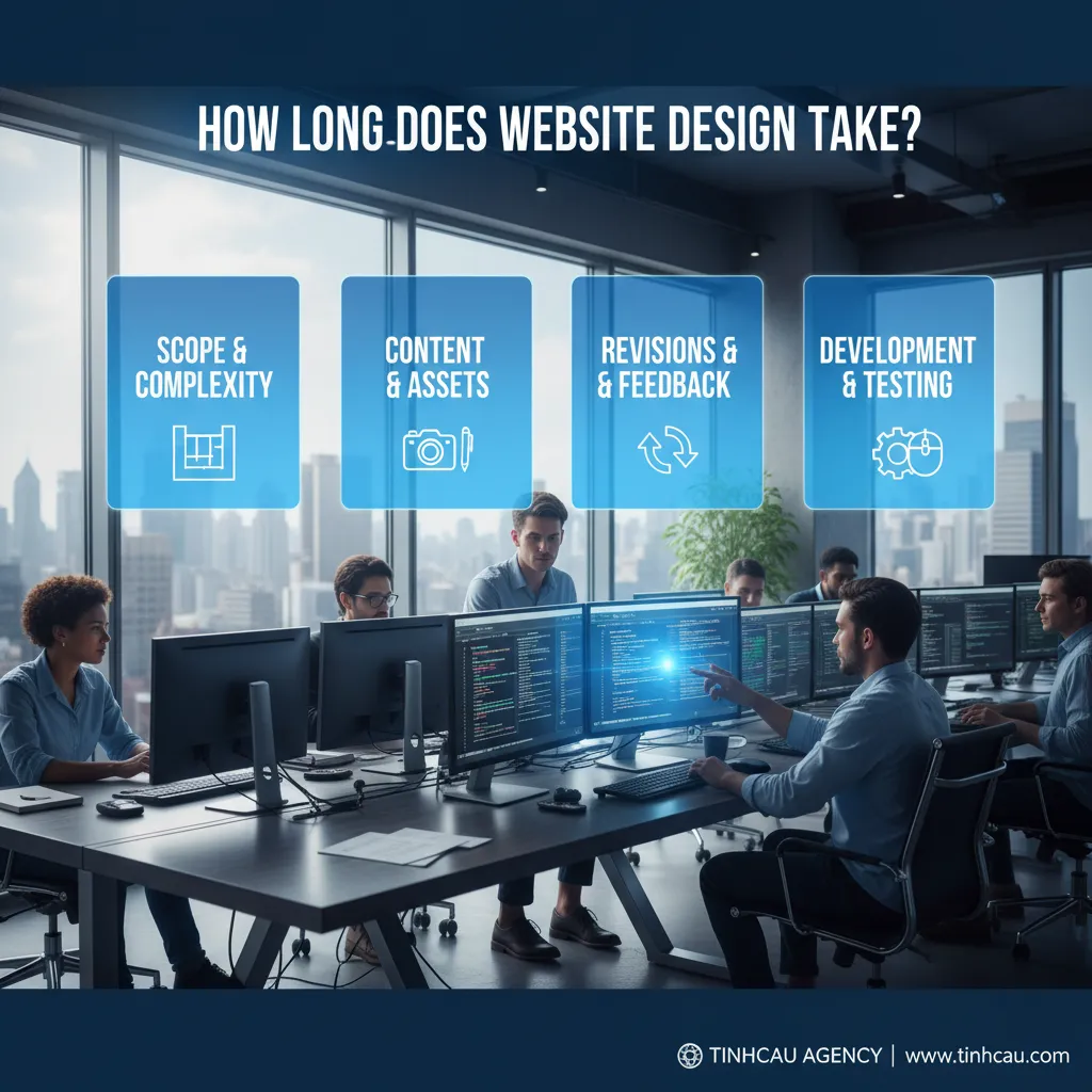 Dựa trên tiêu đề "Thiết kế website mất bao lâu?", 4 từ khóa/cụm từ khóa chính có thể là: